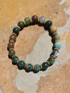 Indian Agate Natural Stone Beaded Stretch Bracelet with Gold Accents